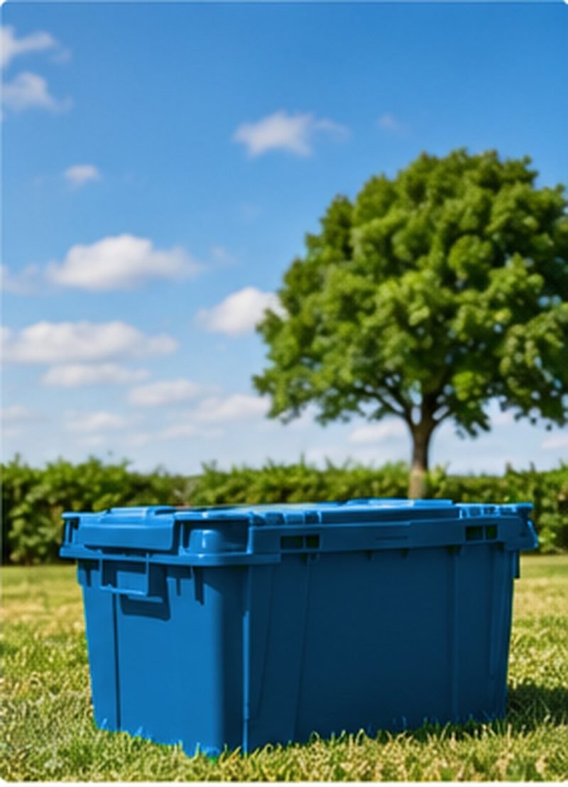 A blue reusable moving crate on a lawn beside a large tree