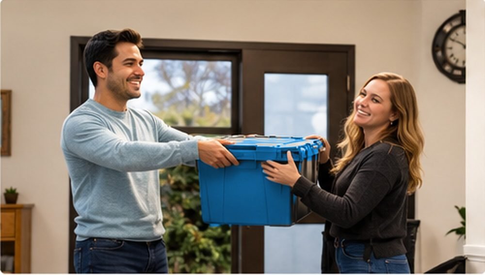 A delivery person handing a blue moving crate to a smiling customer at her door