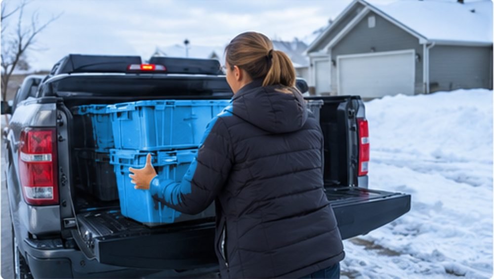 A customer lifting an empty blue crate from the back of a vehicle outside a house in the snow