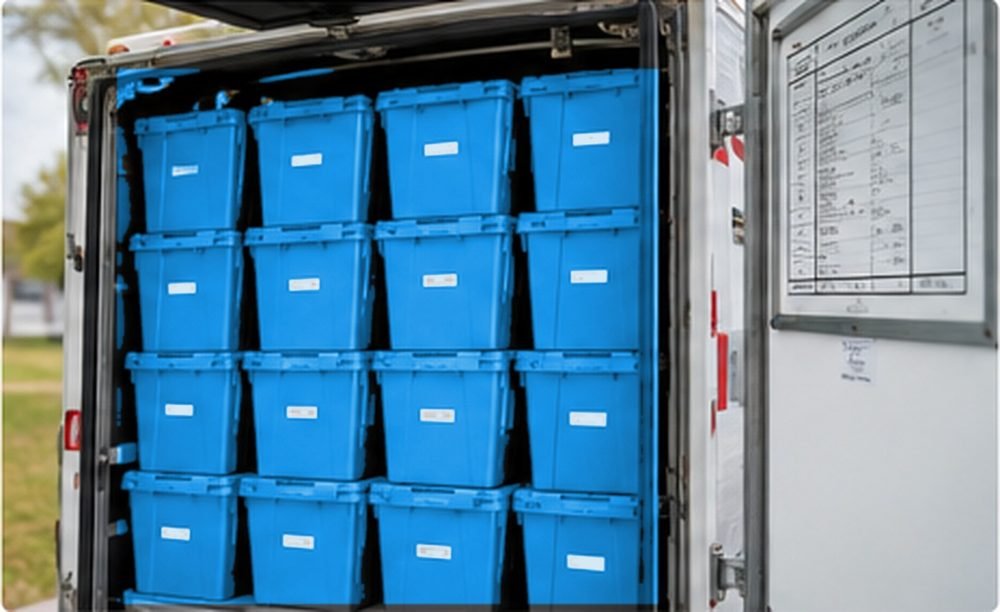 Stacks of blue moving crates neatly loaded in the back of a van